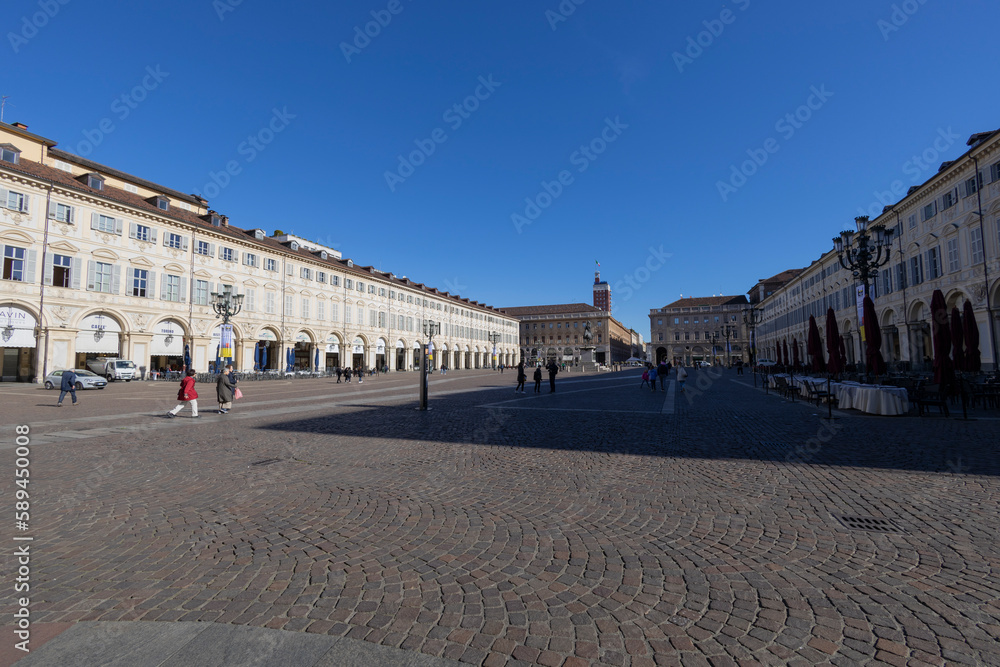 TORINO (TURIN), ITALY, MARCH 25, 2023 - View of  San Carlo square in the center of Torino, Italy
