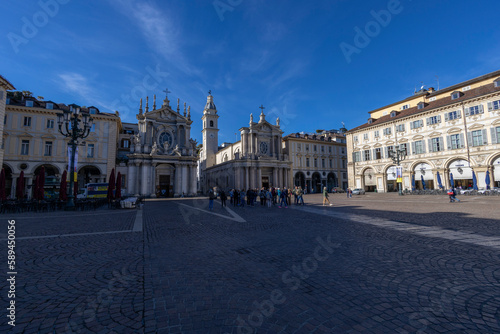 TORINO (TURIN), ITALY, MARCH 25, 2023 - View of Santa Cristina and San Carlo Borromeo church in San Carlo square, Torino, Italy