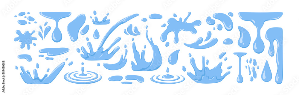 Water splashes, drops set. Aqua in motion, blue liquid falling, dripping, flowing. Droplets, splatters, fresh clean fluids, sprays, ripples. Flat vector illustrations isolated on white background Water splashes, drops set. Aqua in motion, blue liquid falling, dripping, flowing. Droplets, splatters, fresh clean fluids, sprays, ripples. Flat vector illustrations isolated on white background