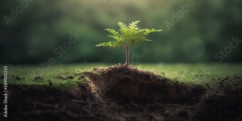 Young tree sprouting from mossy ground, light green and dark brown, vibrant stage backdrop style, science-based, emotional impact, 2:1 aspect ratio, generative AI illustration photo