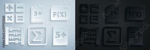 Set Sigma symbol, Function mathematical, Abacus, Test or exam sheet, and Calculator icon. Vector