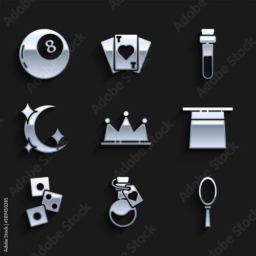 Set Crown, Bottle with love potion, Magic hand mirror, Magician hat, Game dice, Moon stars, and ball of predictions icon. Vector