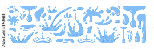 Water splashes, drops set. Aqua in motion, blue liquid falling, dripping, flowing. Droplets, splatters, fresh clean fluids, sprays, ripples. Flat vector illustrations isolated on white background