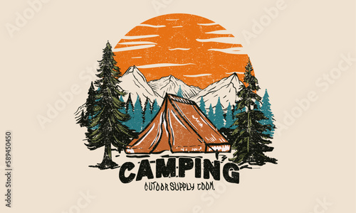 Mountain camping t-shirt graphic design. Mountain vector design artwork for apparel, sticker, poster, background and others.