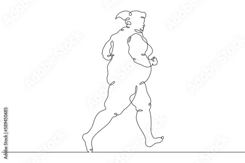 Fototapeta Naklejka Na Ścianę i Meble -  One continuous line. Fat woman on a run. The fat woman goes in for sports. The woman is trying to lose weight. Obesity. Jogging on the street.One continuous line drawn isolated, white background.