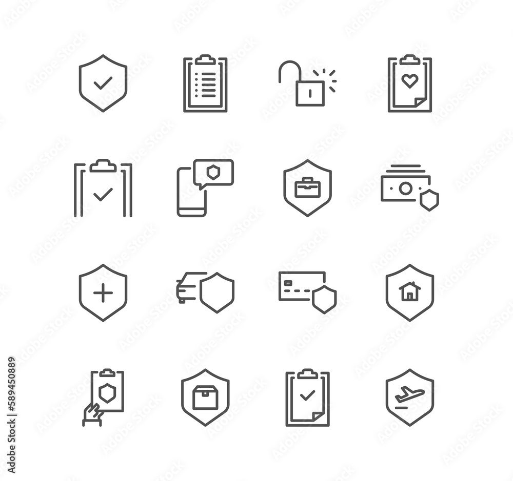 Set of insurance and related icons, car protection, analytic, health insurance, contract and variety symbols.	
