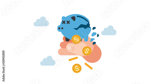 Broken piggy bank with money fall on human hand