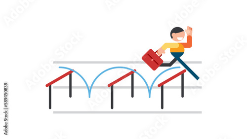 Businessman jumping higher over hurdle. Overcome obstacles for success. Business concept