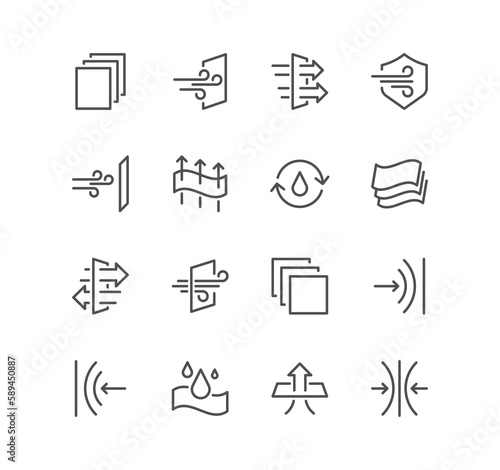 Set of fabric properties and related icons, stetching, windproof, breathable and linear variety symbols.	

