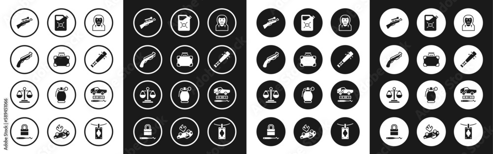 Set Thief mask, Briefcase and money, Police shotgun, Sniper rifle with scope, Baseball bat nails, Canister fuel, Car theft and Scales of justice icon. Vector