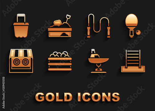 Set Pool with balls, Racket and, Swedish wall, Swing boat, Shooting gallery, Jump rope, Sand bucket and Sandbox sand icon. Vector