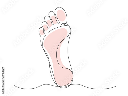 Continuous line drawing of bare foot. Minimalist black linear sketch isolated on white background.