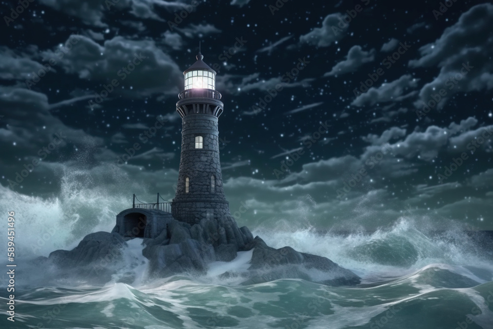 Lighthouse in stormy sea with Generative AI Technology
