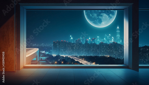 Empty loft unfurnished contemporary interior office with city skyline and buildings city from glass window, balcony room, evening lighting with moon. Generative AI