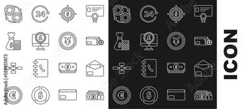 Set line Money with lock, Envelope, coin dollar symbol, Target, Computer monitor pound sterling, Calculator money bag, Gear and arrows as workflow process concept and Coin Yen icon. Vector