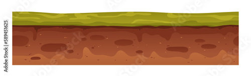 Green grass and brown earth ground layers, parts. Seamless underground level texture, cross-section. Cutaway lawn and moisturized soil levels. Flat vector illustration isolated on white background