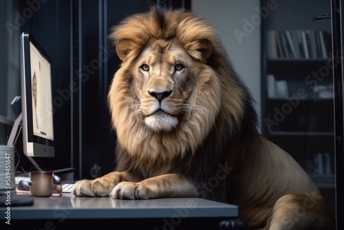 the lion sits in front of the computer 