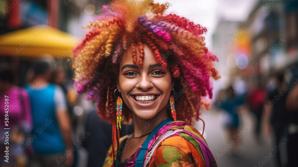 A woman with a joyful smile, wearing a colorful outfit made from natural materials. The concept is all about celebrating life. Generative AI image. A woman with a joyful smile, wearing a colorful outfit made from natural materials. The concept is all about celebrating life. Generative AI image.