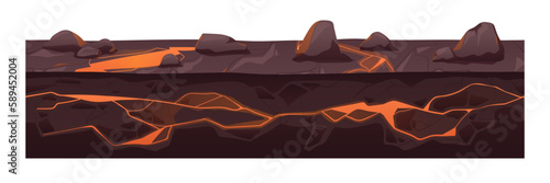 Black soil, magma with hot lava flows, cross section. Seamless underground border. Cutaway under ground subterranean level, land layer. Geology flat vector illustration isolated on white background
