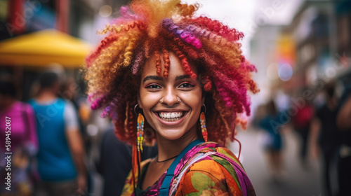 A woman with a joyful smile, wearing a colorful outfit made from natural materials. The concept is all about celebrating life. Generative AI image.