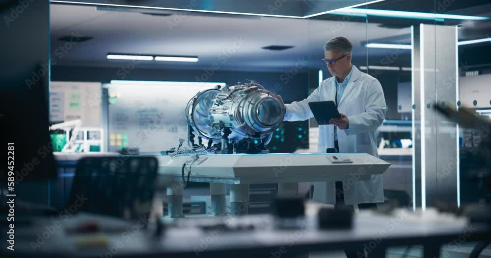 Jet Engine Specialist Working on a Project with Futuristic Turbine Motor, Standing with Tablet Computer in Scientific Technology Lab. Middle Aged Science Professor Developing a Futuristic Engine Jet Engine Specialist Working on a Project with Futuristic Turbine Motor, Standing with Tablet Computer in Scientific Technology Lab. Middle Aged Science Professor Developing a Futuristic Engine