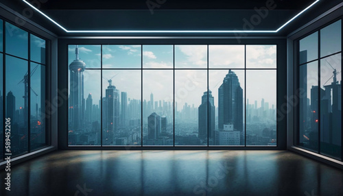 Interior empty room with big windows with views on city skyline and buildings city. Luxury modern apartment. Generative AI