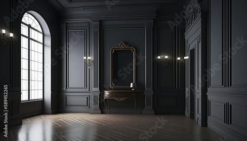 Empty vintage luxury room. Black walls in retro style. Generative AI