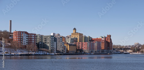 Apartment and hotels at the pier Saltsj   Kvarn  a sunny spring day in Stockholm