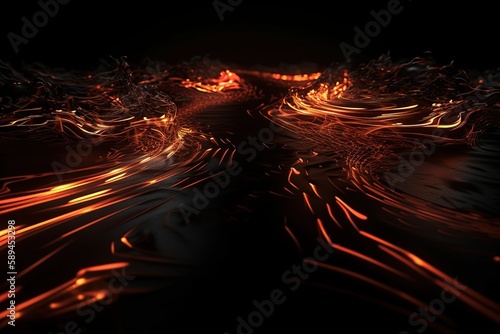 3d rendering, abstract black background with wet long road on fire, blazing flames, Generative AI