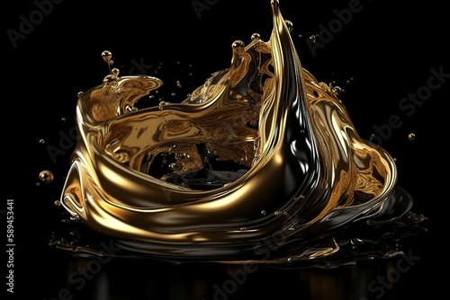 3d rendering, shiny gold liquid splash, metallic wave, swirl, cosmetic oil, golden splashing clip art, artistic paint, abstract design element black background. Luxury beauty concept, Generative AI