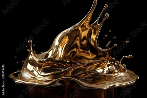 3d rendering, shiny gold liquid splash, metallic wave, swirl, cosmetic oil, golden splashing clip art, artistic paint, abstract design element black background. Luxury beauty concept, Generative AI