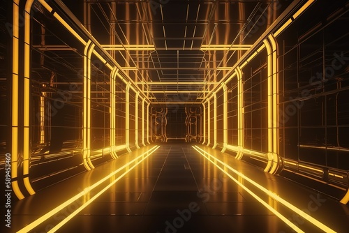 3d render, abstract background, corridor, tunnel, virtual reality space, yellow neon lights, fashion podium, club interior, empty warehouse, floor reflection, Generative AI