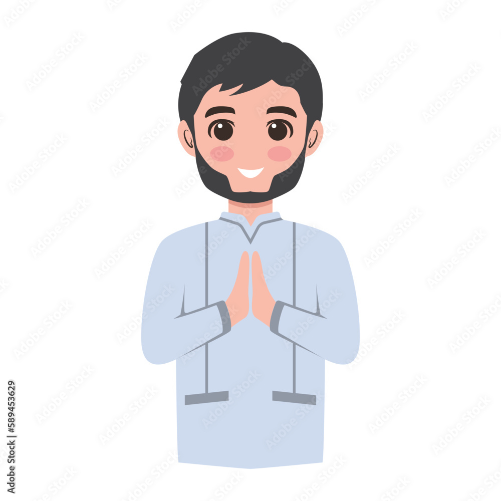 Moslem boy celebrating eid mubarak vector illustration