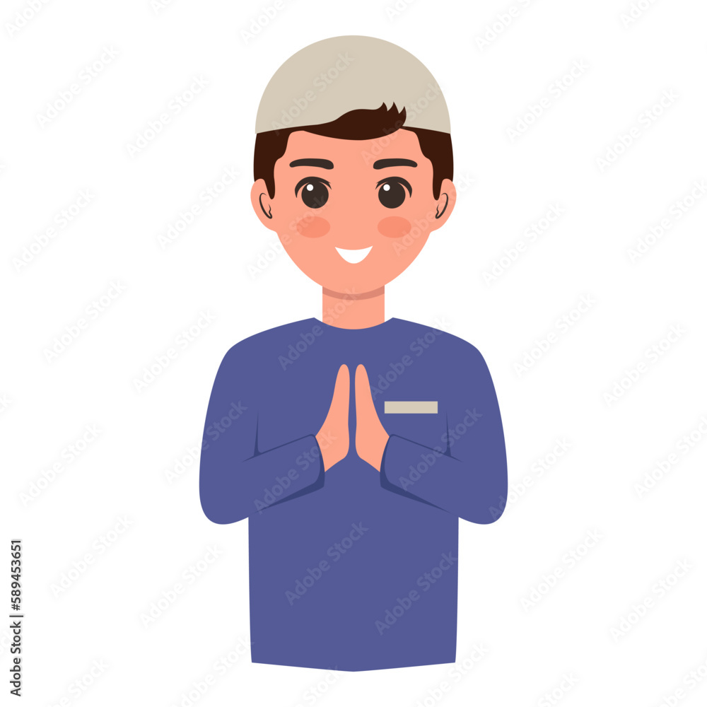Moslem boy celebrating eid mubarak vector illustration