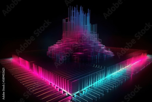 3d render  abstract background  screen pixels  glowing dots  neon lights  virtual reality  ultraviolet spectrum  pink blue vibrant colors  catwalk fashion podium Generative AI