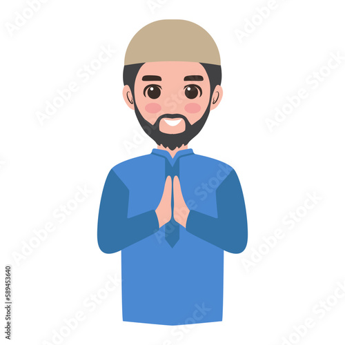 Moslem boy celebrating eid mubarak vector illustration