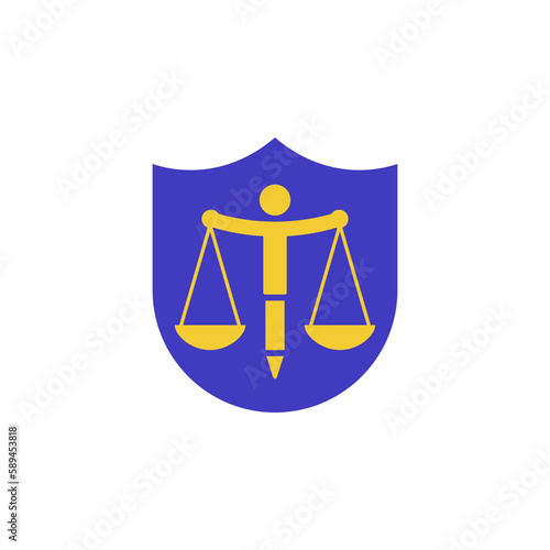 Scales of justice with an abstract silhouette of a man and a pen on shield background.
