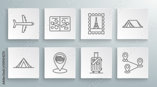 Set line Tourist tent, Passport pages with visa stamps, Map pointer Coliseum in Rome, Italy, Suitcase for travel and stickers, Route location, Postal Eiffel tower, and Plane icon. Vector