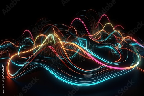 3d render, abstract geometric neon background, glowing lines, Generative AI