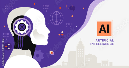 Artificial Intelligence concept. Vector cartoon illustration in a flat style of a robot head in profile generates various tasks. Isolated on abstract contrast white and blue background with text