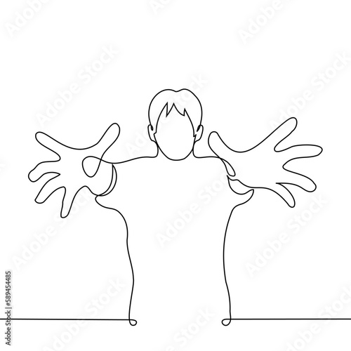 man stands with his hands outstretched to the viewer - one line drawing vector. the concept hunting, catching, desired, attack