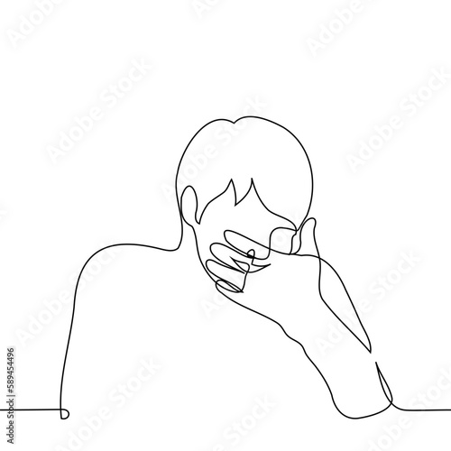 man laughing covering his mouth with his hand - one line drawing vector. concept inappropriate laughter, giggling