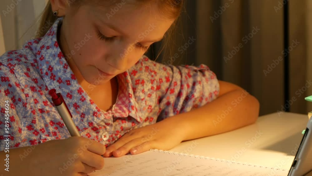 Child Studying in Night, Kid Writing in Dark Student Learning Evening Schoolgirl Child Studying in Night, Kid Writing in Dark Student Learning Evening Schoolgirl