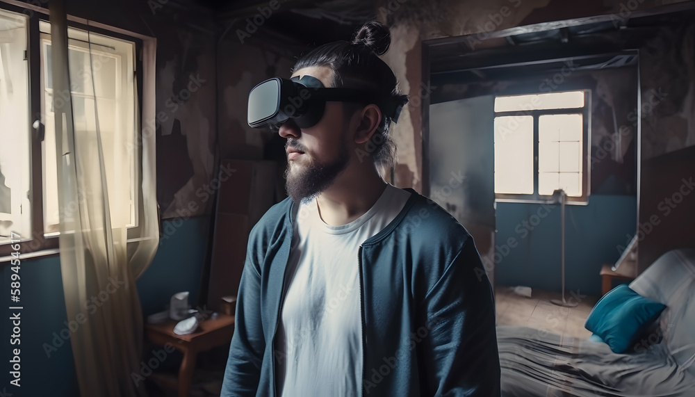 Happy man in virtual reality glasses in the slums and mess, escape from reality, virtual life concept. Generative AI