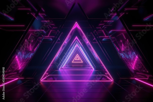 3d render, abstract neon background, fashion podium in ultraviolet light, performance stage decoration, glowing triangle shapes, triangular arcade, Generative AI