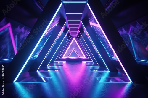 3d render, abstract neon background, fashion podium in ultraviolet light, performance stage decoration, glowing triangle shapes, triangular arcade, Generative AI © Parvez