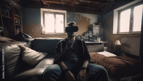 Happy man in virtual reality glasses in a mess in a room at home, escape from reality, virtual life concept, blurred motion. Generative AI