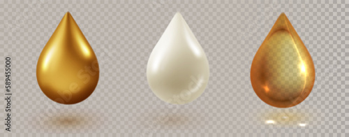 Different liquids drops. Translucent, white and gold drop of cosmetics. liquid essence, vitamin, machine oil, cosmetic or milk vitamin white bubble