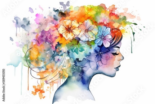 watercolor , flowers as human brain , new ideas and creative thinking 
