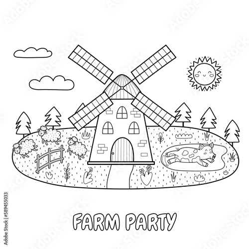 Farm Party black and white print with a windmill, pig in mud and sheep. Summer green meadow coloring page. Vector illustration